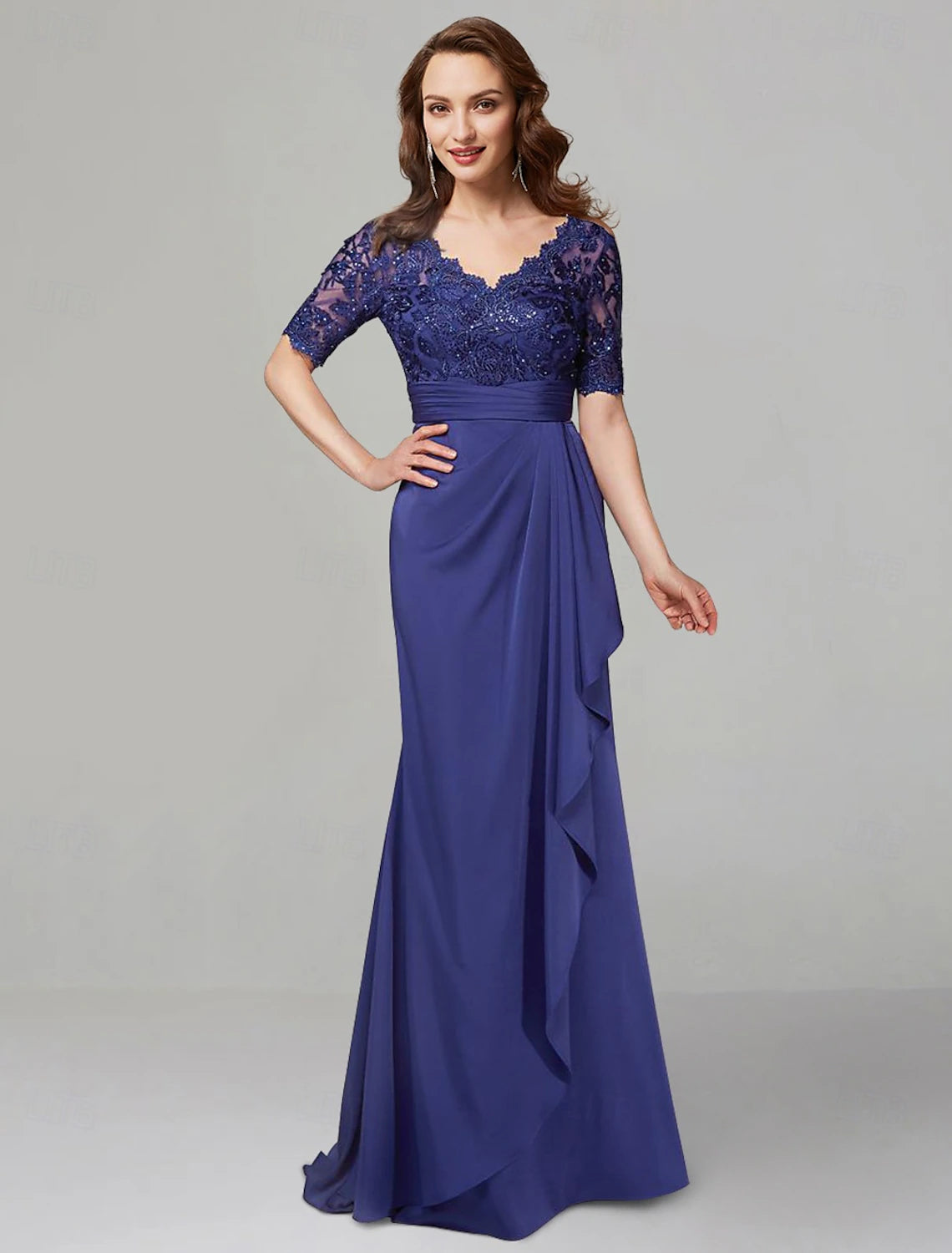 Buyishang A-Line Dress Mother of the Bride Dress Elegant V Neck Floor Length Stretch Chiffon Short Sleeve with Lace Beading Solid Color free custom size